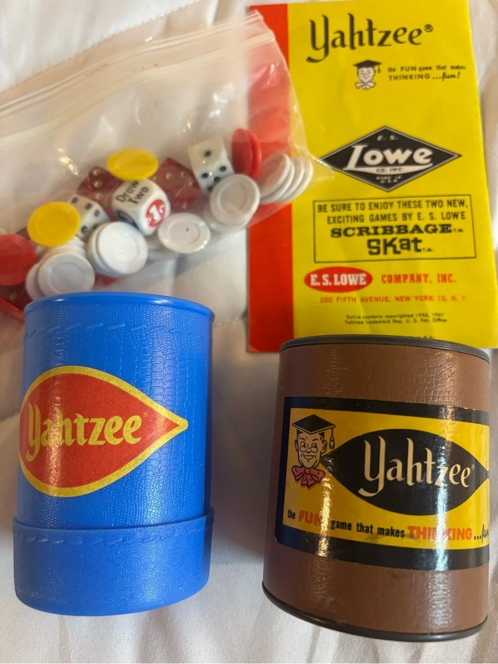Vintage 2 Yahtzee Dice Cups & Accessories - dice and chips